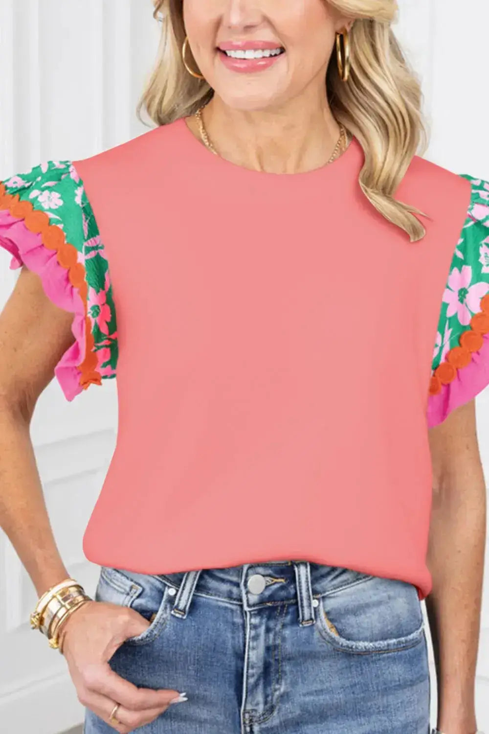 Ruffled Round Neck Cap Sleeve Top - Clothes For Her Online Store