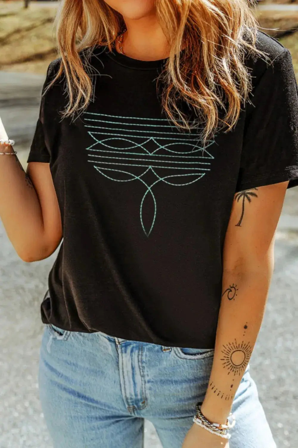 Embroidered Round Neck Short Sleeve T-Shirt - Clothes For Her Online Store