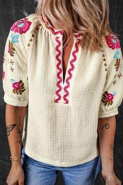 Floral Embroidered Notched Puff Sleeve Blouse