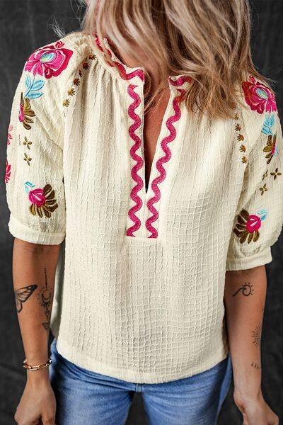 Floral Embroidered Notched Puff Sleeve Blouse - Clothes For Her Online Store