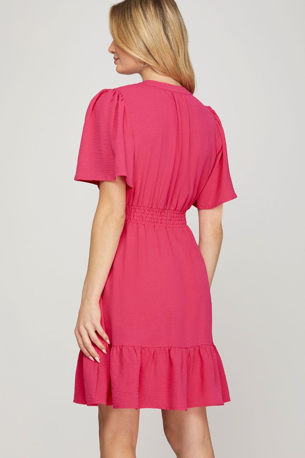 She + Sky Ruffled Hem Notched Flutter Sleeve Mini Dress - Clothes For Her Online Store