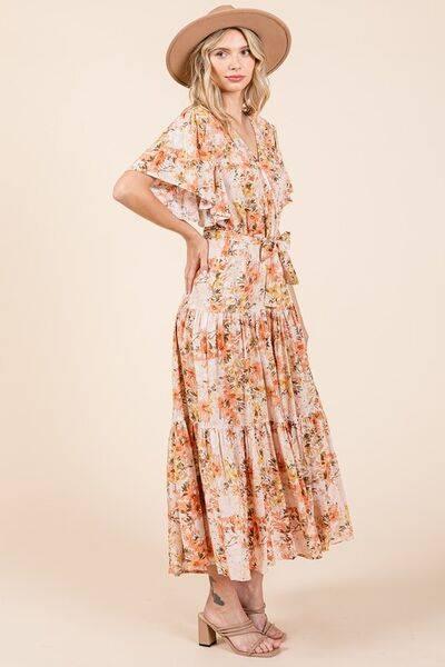 Mittoshop Floral Tie Waist Flutter Sleeve Tiered Dress