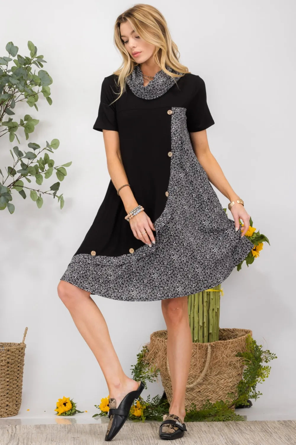 Celeste Full Size Decor Button Short Sleeve Dress with Pockets Plus Size