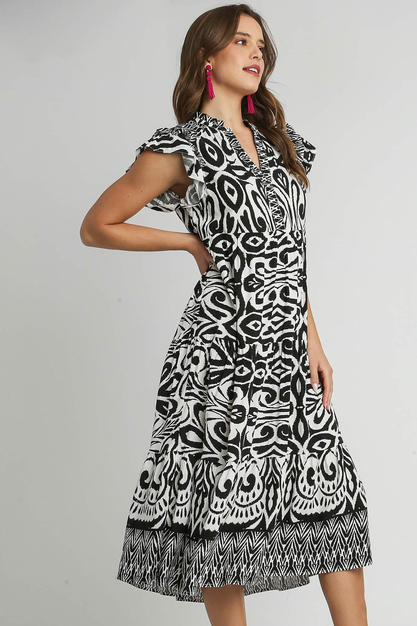 Umgee Full Size Two Tone Border Print Ruffle Cap Sleeve Midi Dress Plus Size - Clothes For Her Online Store