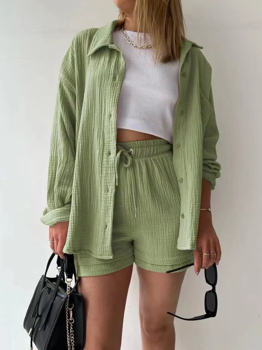 Texture Button Up Shirt and Drawstring Shorts Set - Clothes For Her Online Store