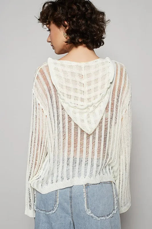 POL Floral Print Star Patch Lightweight Hooded Knit Cover Up