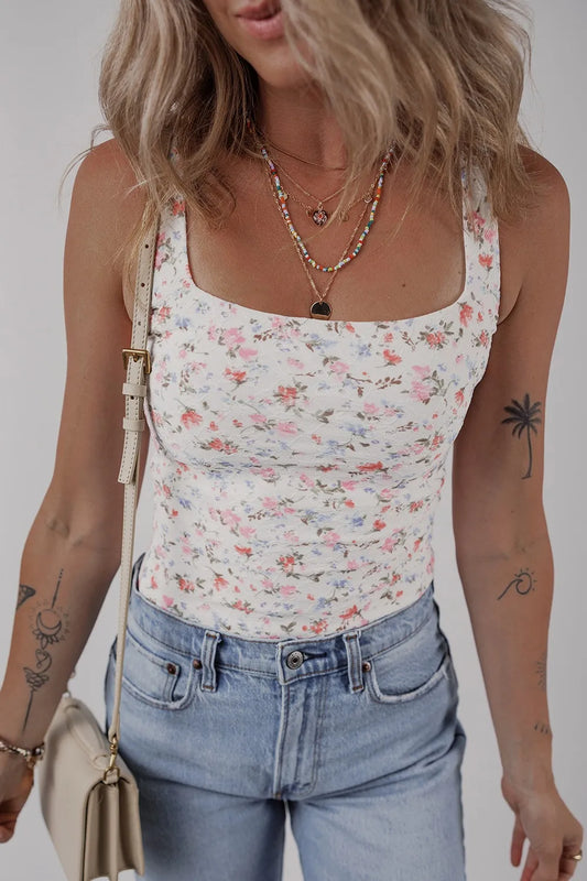 Floral Textured Square Neck Sleeveless Bodysuit