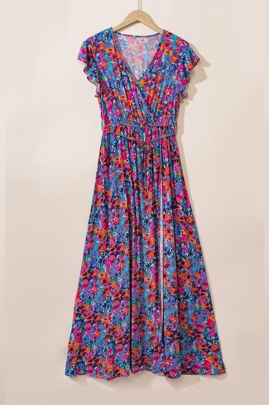 Women Floral Print V Neck Wrap Split Maxi Dress