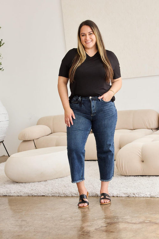 RFM Full Size Tummy Control High Waist Raw Hem Jeans - Clothes For Her Online Store