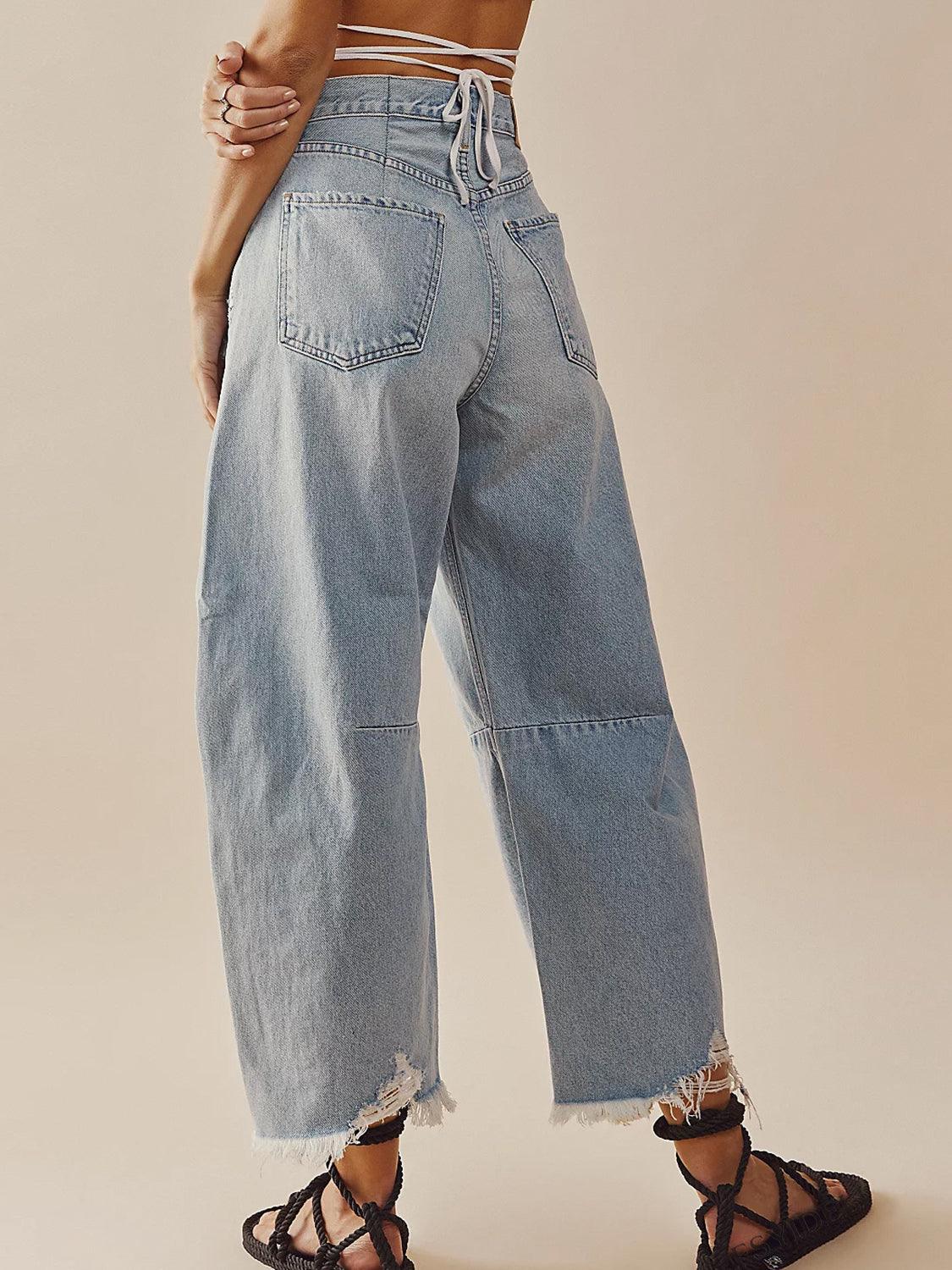 Raw Hem Wide Leg Jeans with Pockets - Clothes For Her Online Store