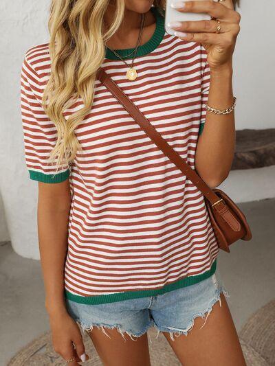 Mandy Striped Round Neck Half Sleeve Knit Top