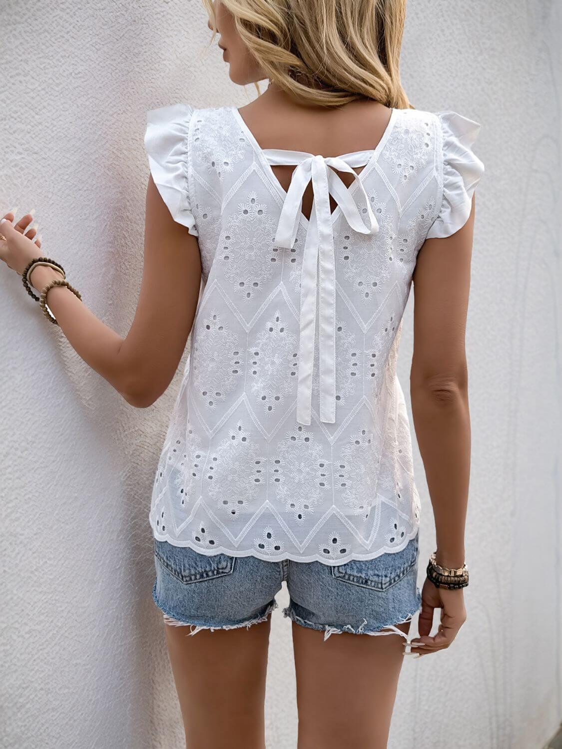 Perfee Eyelet V-Neck Ruffled Cap Sleeve Blouse