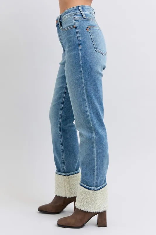 Judy Blue Full Size High Waist Shearling Cuff Straight Plus Size