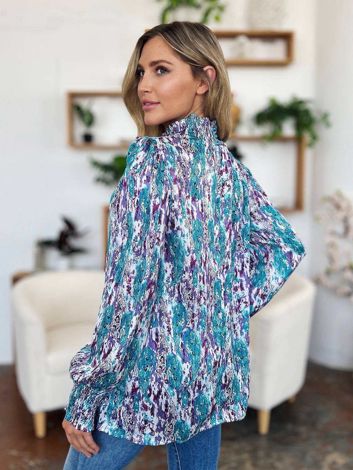 Double Take Full Size Printed Smocked Long Sleeve Blouse - Clothes For Her Online Store