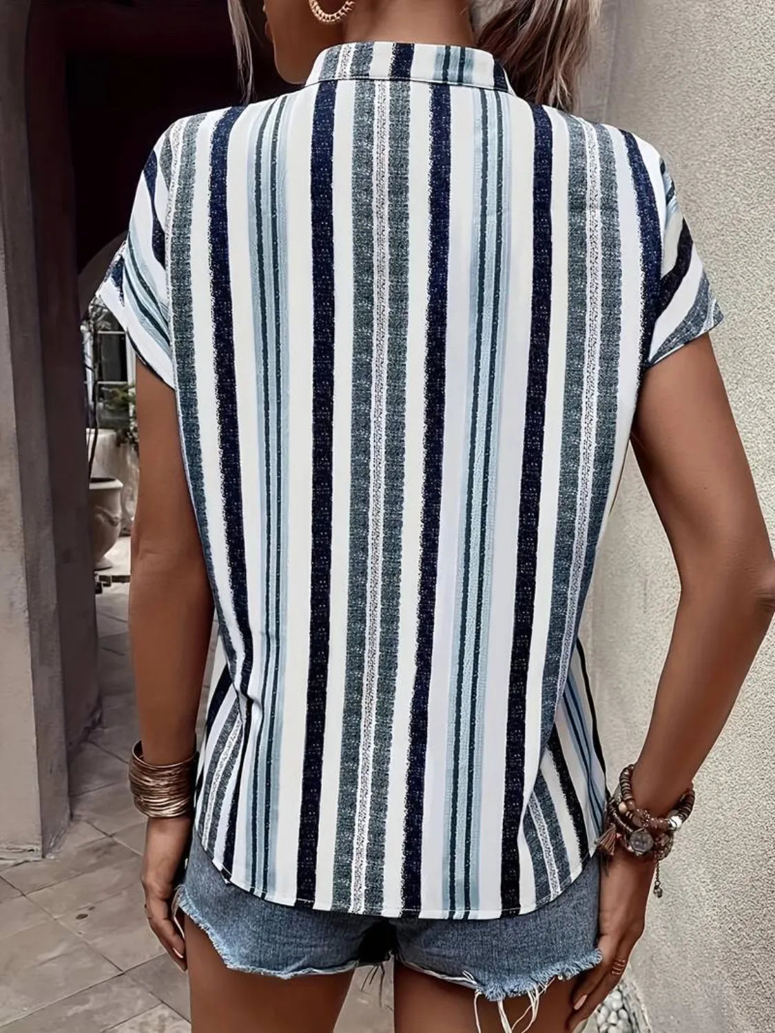 Striped Notched Short Sleeve Shirt