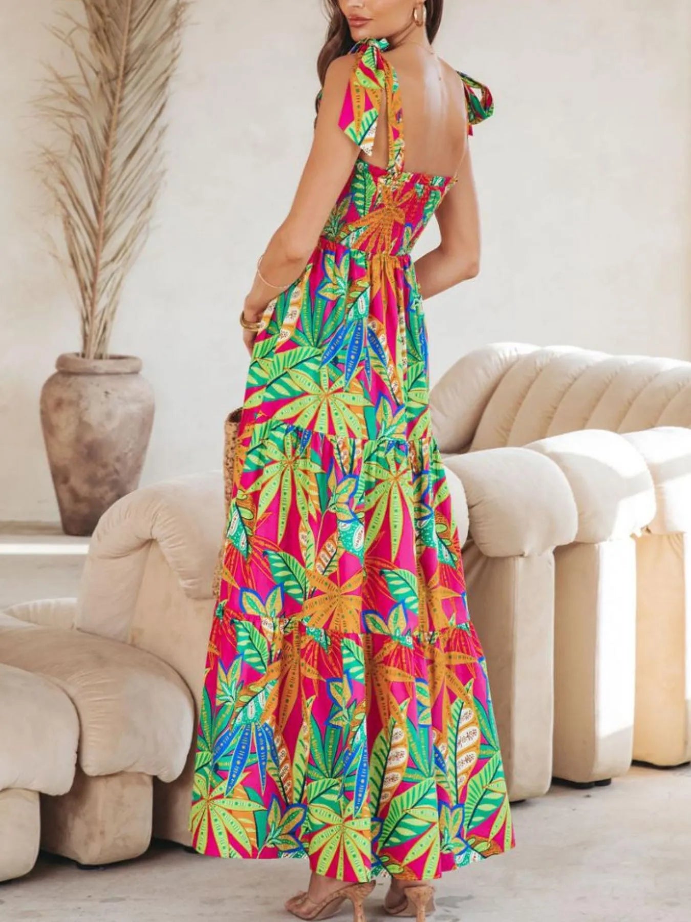Tropical Print Tie Shoulder Maxi Dress