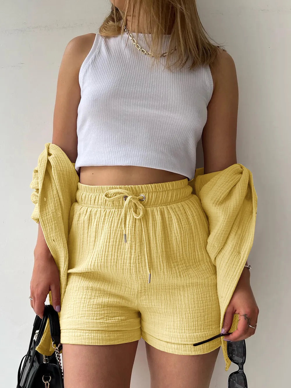 Texture Button Up Shirt and Drawstring Shorts Set - Clothes For Her Online Store