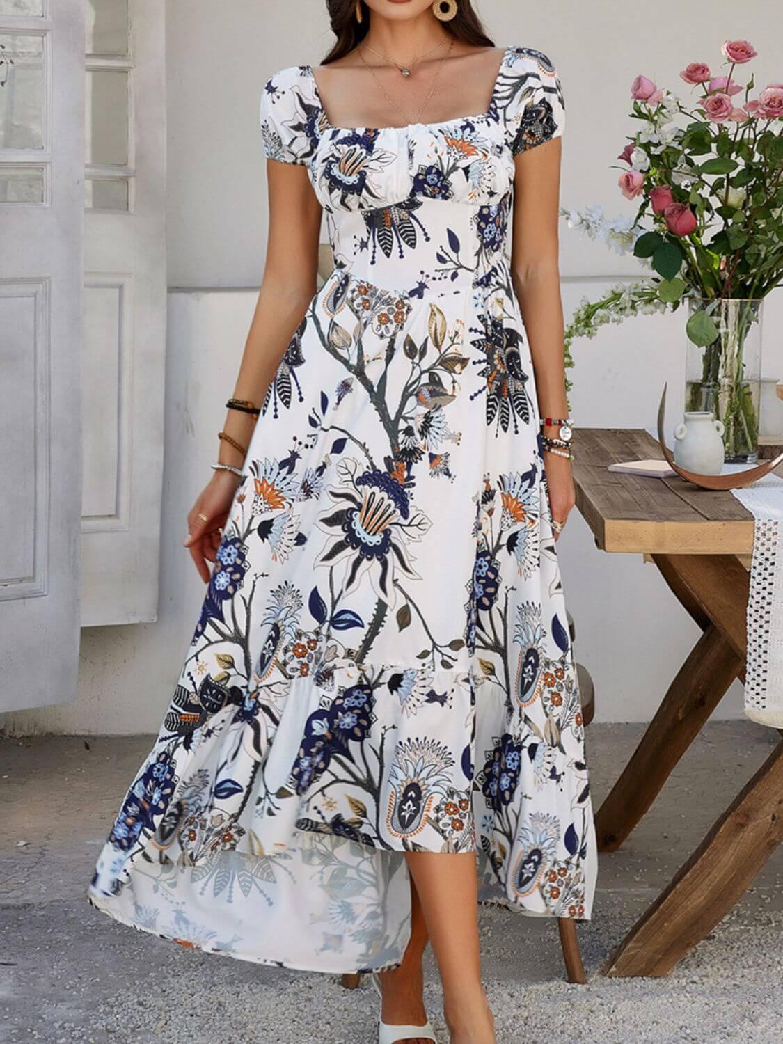 Devine Smocked Printed Short Sleeve Maxi Dress