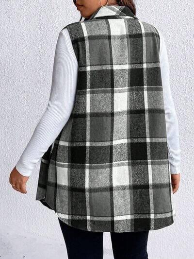 Honey Plus Size Pocketed Plaid Button Up Vest Coat - Clothes For Her Online Store