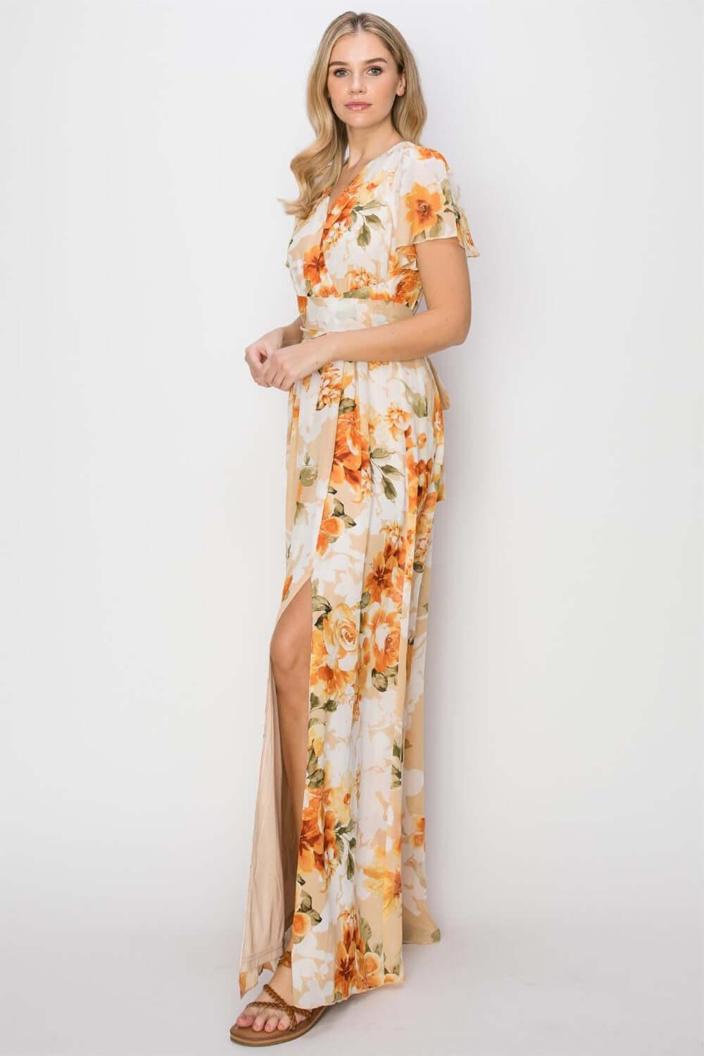 HYFVE Floral Tie Back Short Sleeve Slit Maxi Dress - Clothes For Her Online Store