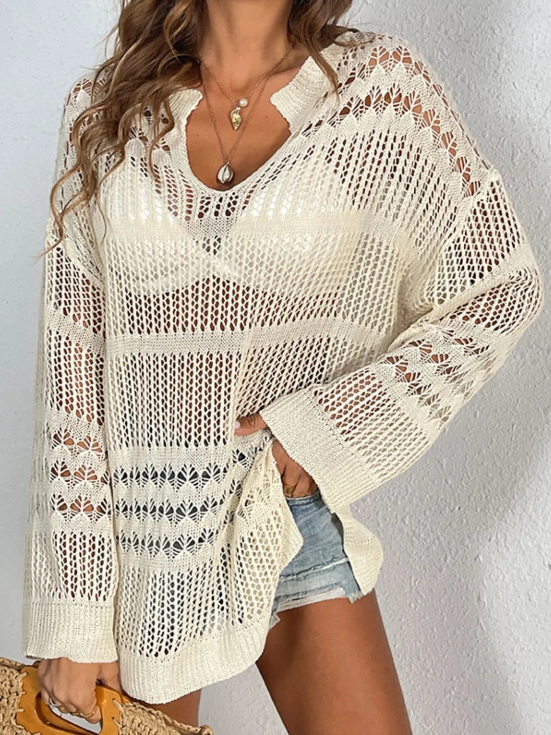 Openwork Notched Long Sleeve Knit Cover Up