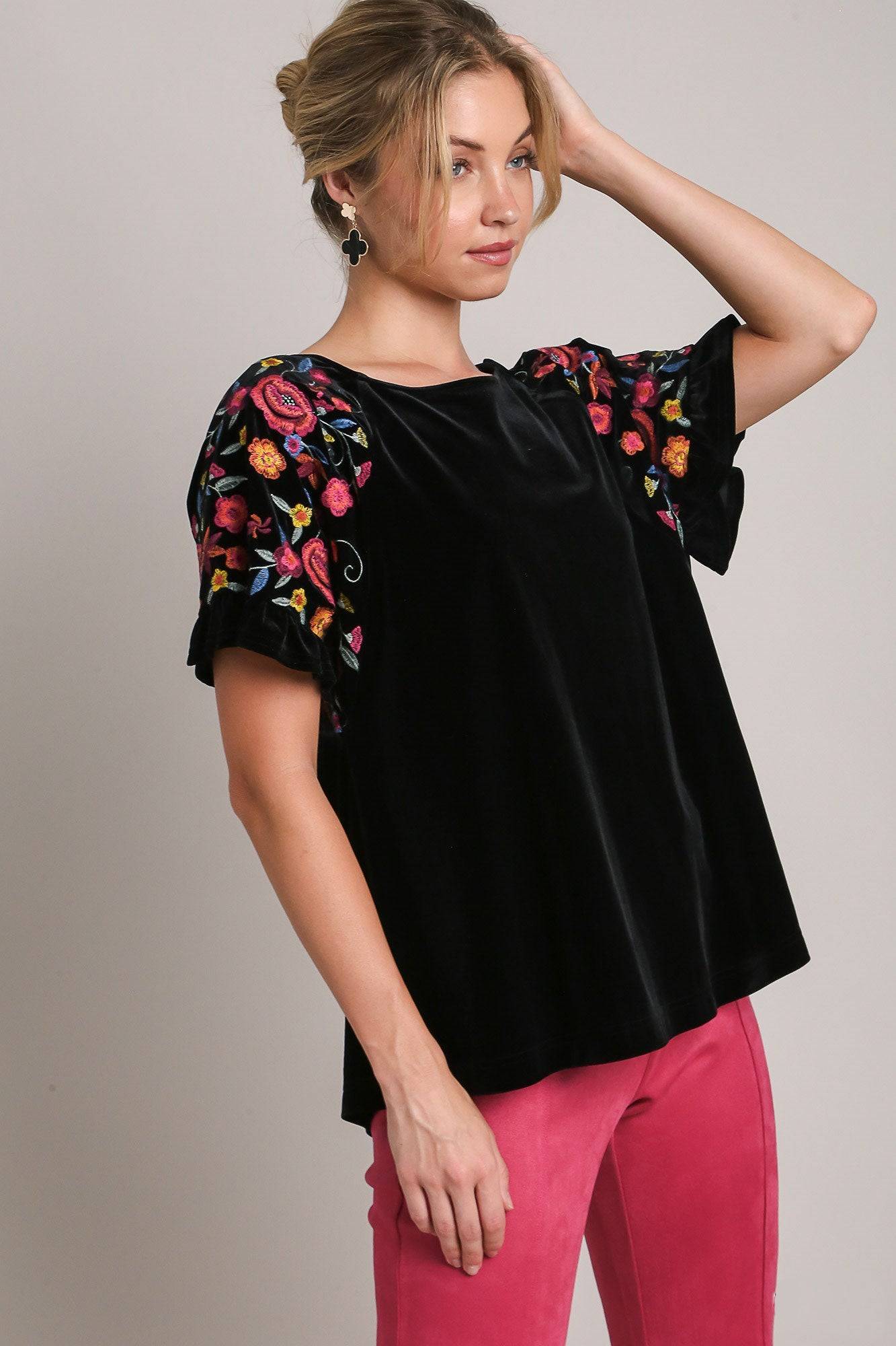 Umgee Full Size Velvet Embroidery Short Sleeve Blouse - Clothes For Her Online Store