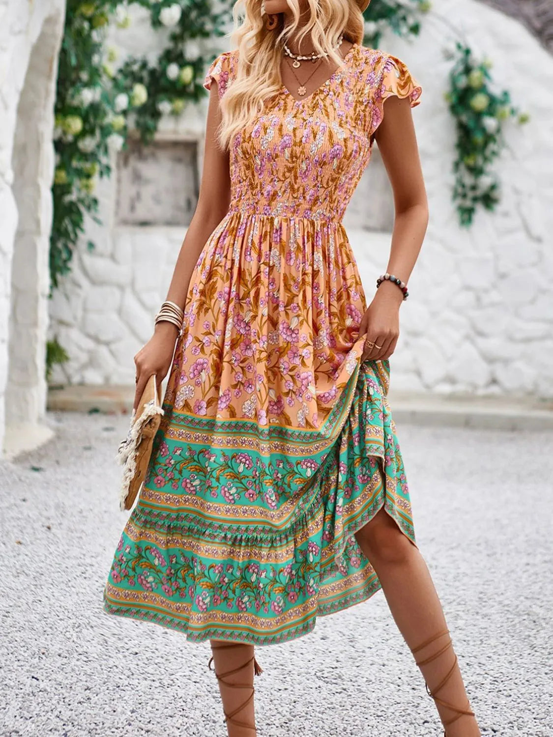Printed Round Neck Cap Sleeve Dress