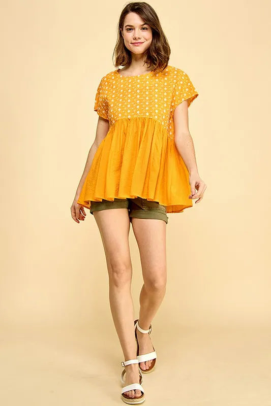 Lime 'N' Chili Embroidered Short Sleeve Pleated Babydoll Top