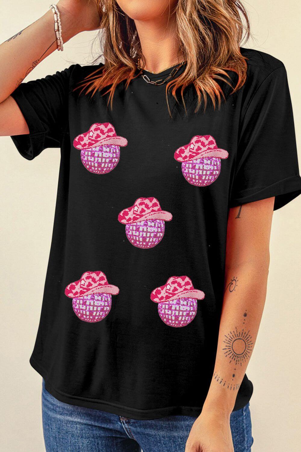 Cowboy Hat Disco Ball Patched Round Neck T-Shirt