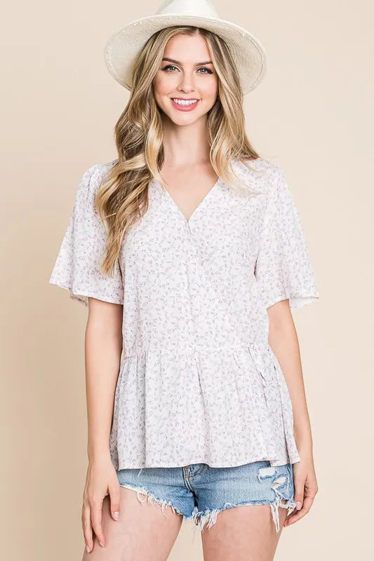 Lime 'N' Chili Ditsy Print V-Neck Short Sleeve Wrap Blouse