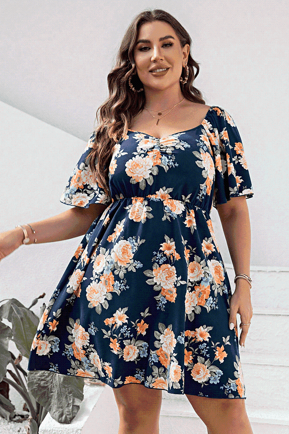 Plus Size Floral Print V-Neck Flutter Sleeve Mini Dress - Clothes For Her Online Store