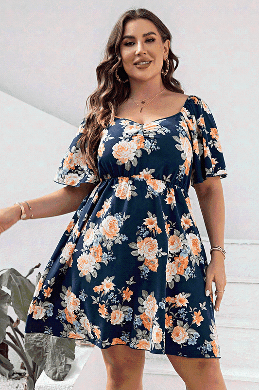 Plus Size Floral Print V-Neck Flutter Sleeve Mini Dress - Clothes For Her Online Store