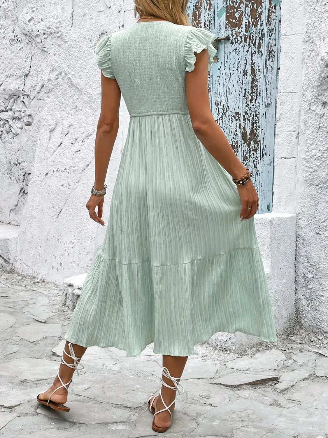 V-Neck Ruffled Cap Sleeve Dress - Clothes For Her Online Store