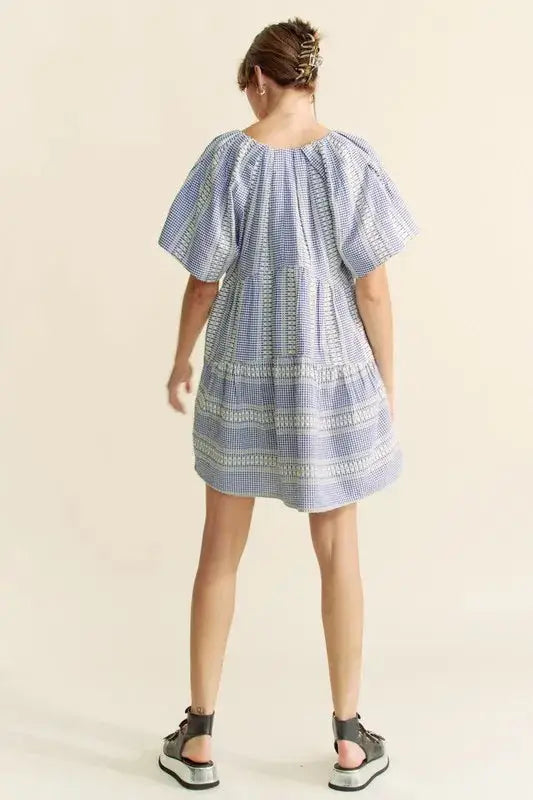 Davi & Dani Embroidered Stripe Ruffled Gingham Mini Dress - Clothes For Her Online Store