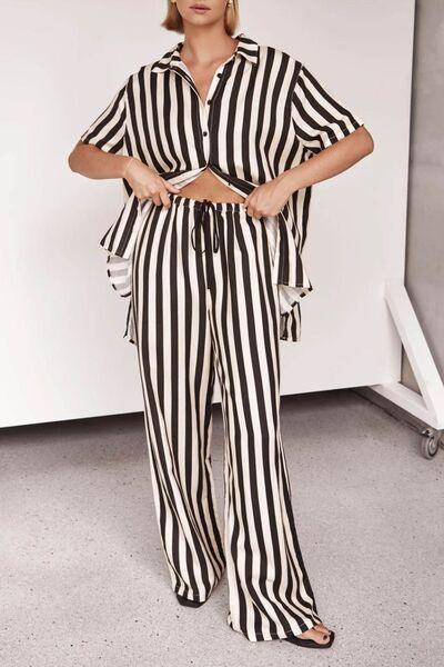 Striped Collared Neck Half Sleeve Top and Pants Set - Clothes For Her Online Store