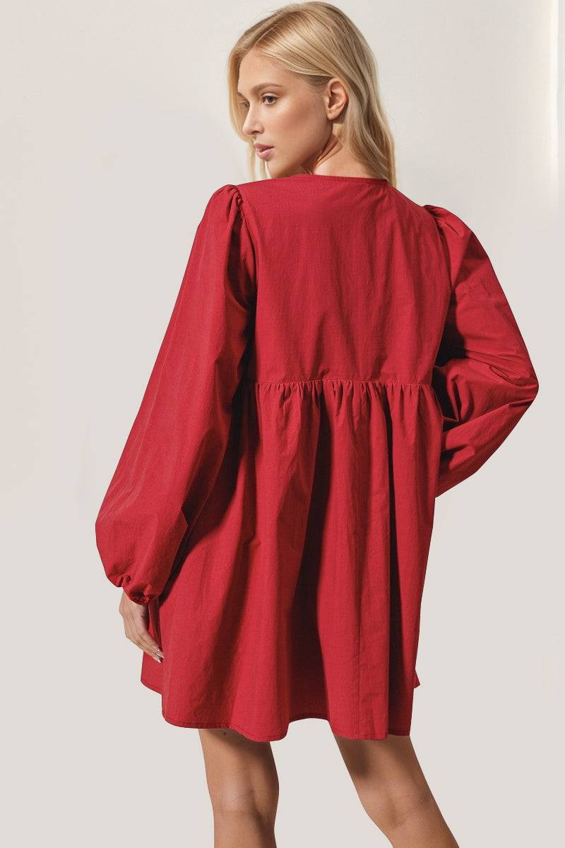 Double Take Christmas Front Tied Long Sleeve Mini Dress - Clothes For Her Online Store