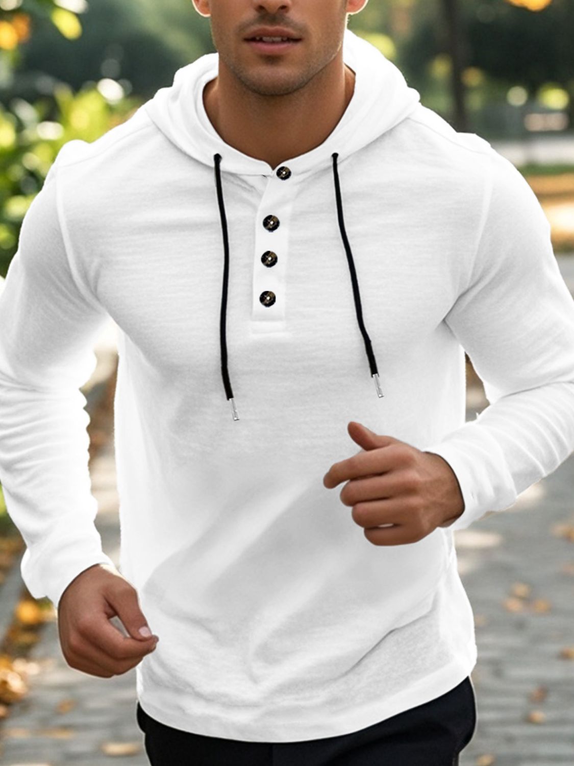 Men's Full Size Drawstring Button Detail Long Sleeve Hoodie Plus Size - Clothes For Her Online Store