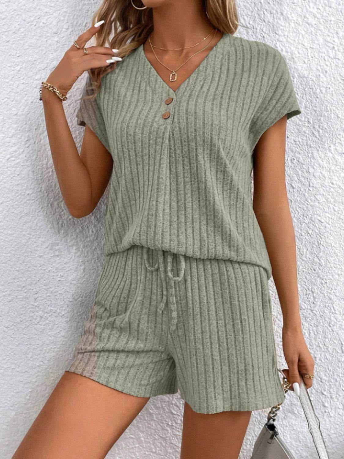 Ribbed V-Neck Top and Shorts Set - Clothes For Her Online Store