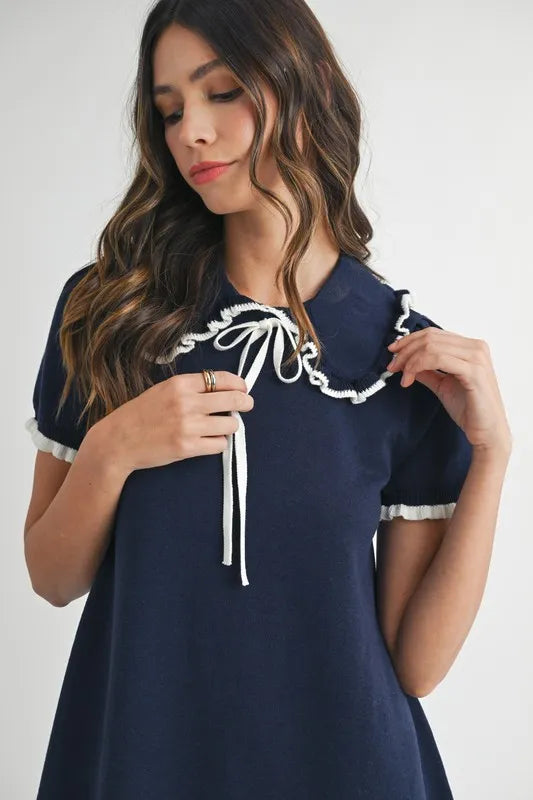 MABLE Ruffle Trimmed Collar Fine Knit Mini Dress