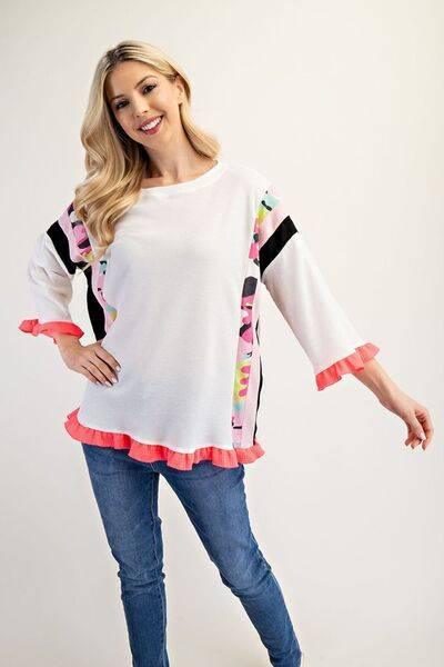 Celeste Full Size Ruffle Sleeve Color Block Top Plus Size