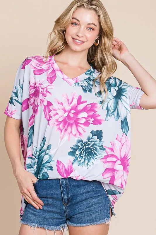 BOMBOM Floral V-Neck Short Sleeve T-Shirt