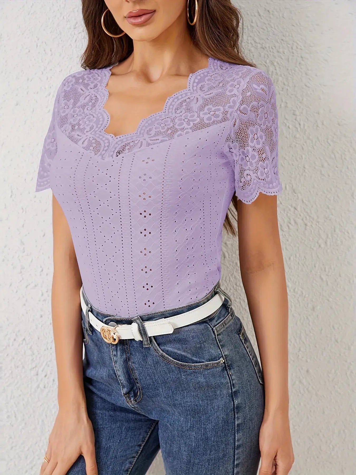 Lace Trim Eyelet Embroidered Summer T-Shirt