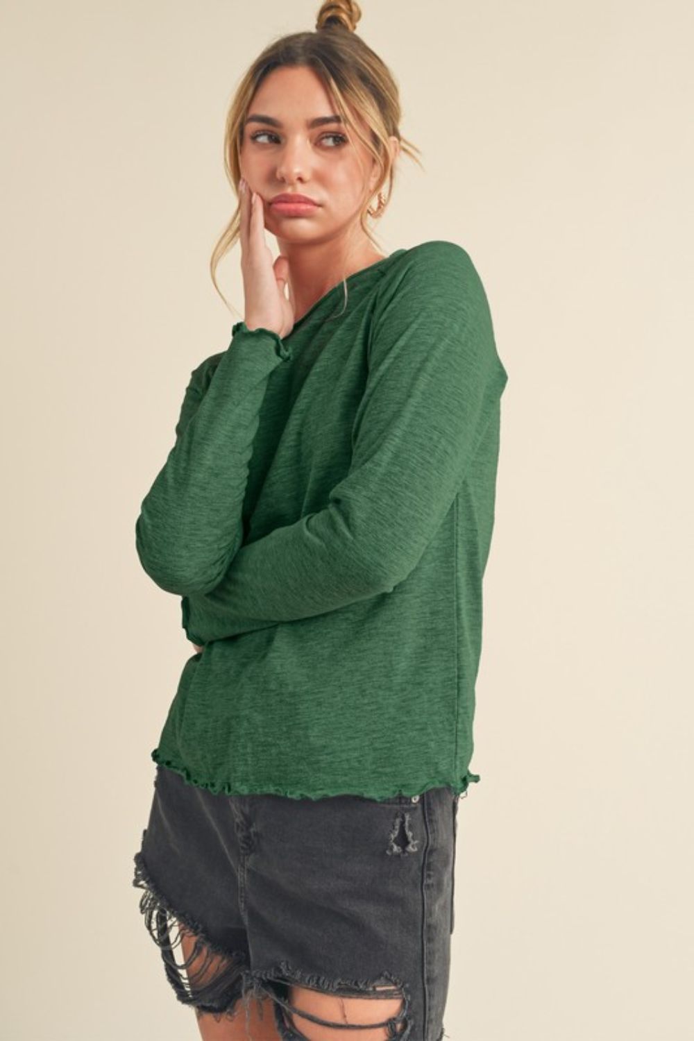 Aemi + Co Lettuce Hemline Round Neck Raglan Sleeve T-Shirt