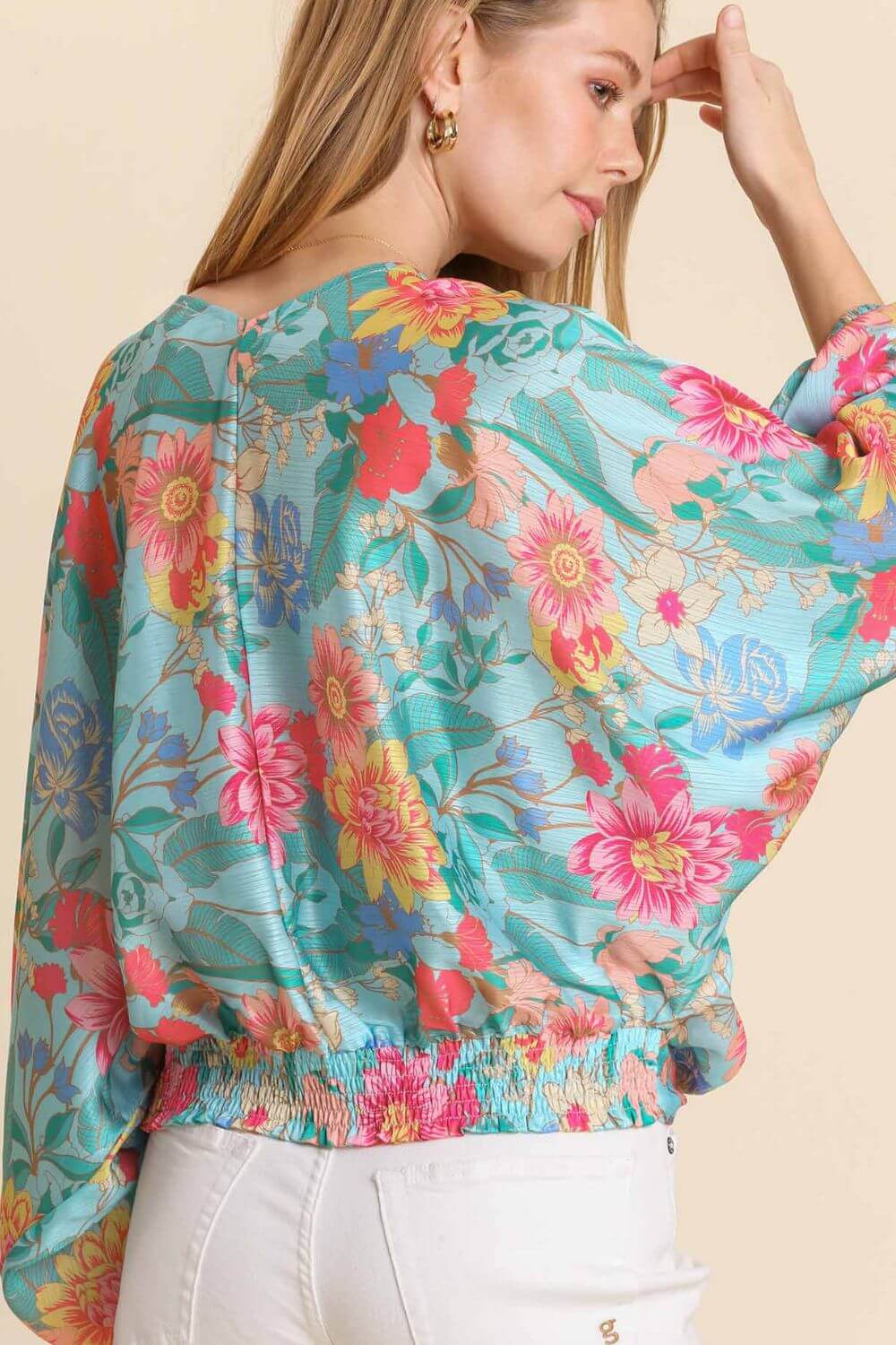 Umgee USA Full Size Floral Print Smocked Back Hem V-Neck Blouse Plus Size