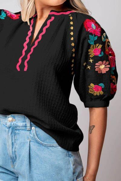 Floral Embroidered Notched Puff Sleeve Blouse