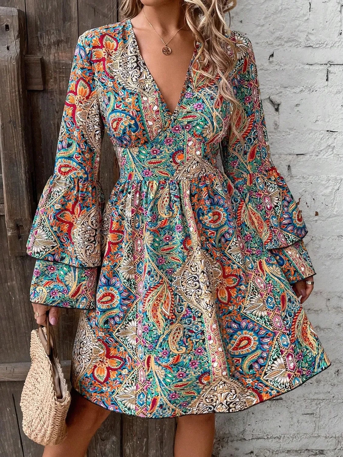 Printed V-Neck Flounce Sleeve Dress