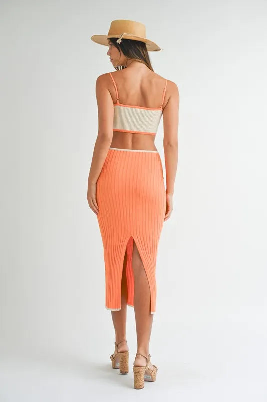 MABLE Ribbed Knit Color Block Cutout Midi Dress