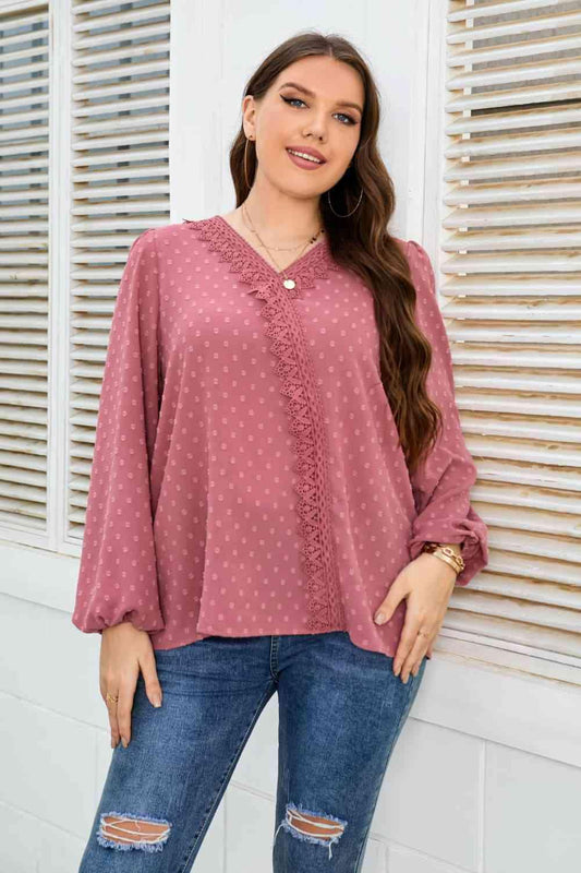 Honey Melo Apparel Plus Size Lace Trim V-Neck Balloon Sleeve Blouse - Clothes For Her Online Store