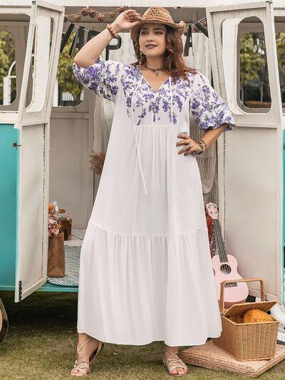 Plus Size Printed Tie Neck Half Sleeve Maxi Dress