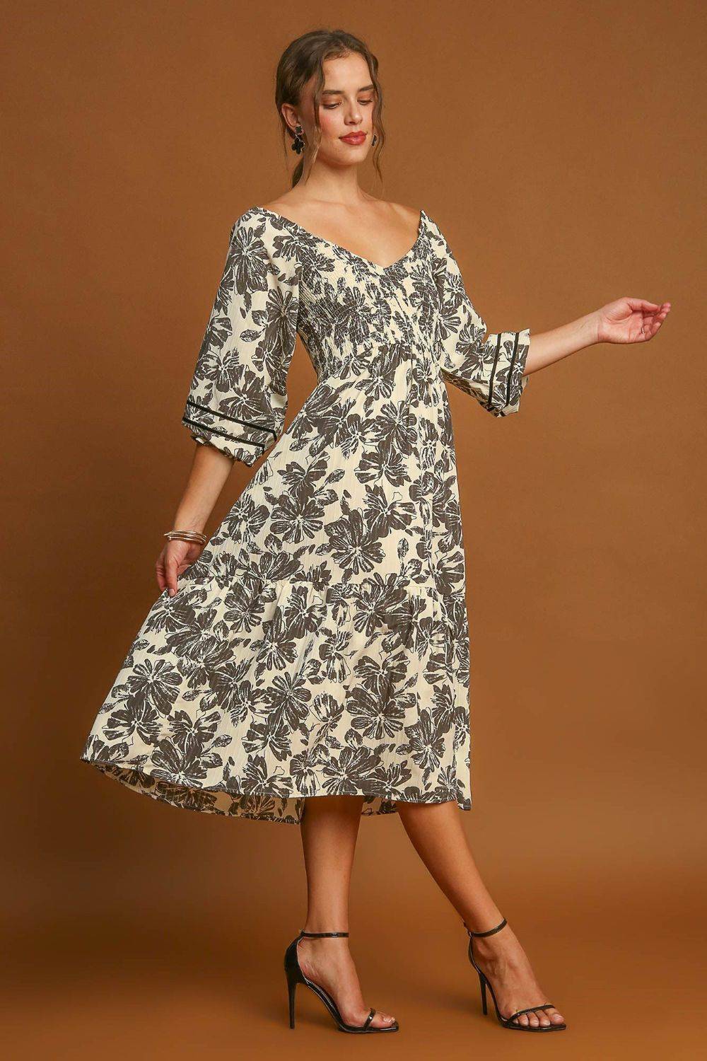 Umgee Ruffle Hem Flower Printed V-Neck Dress - Clothes For Her Online Store